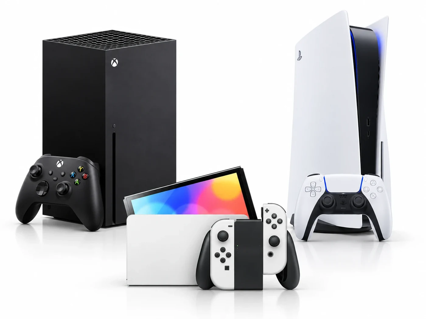 Xbox Series X, Nintendo Switch OLED and PlayStation 5 with controllers