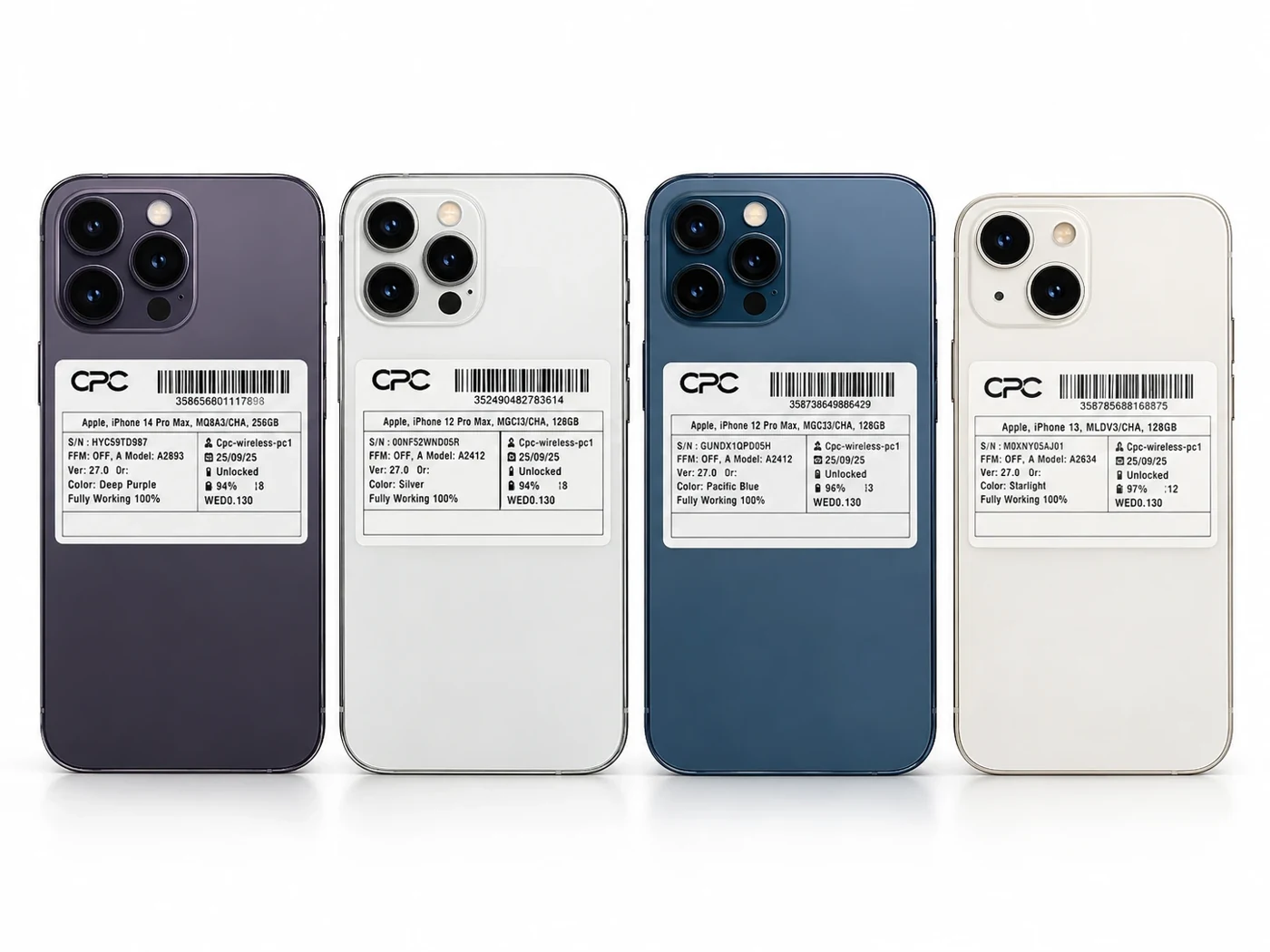 Used iPhones with test labels showing condition, battery health and lock status