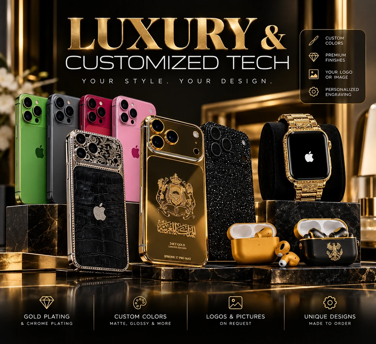 Luxury and customized tech: gold, leather and crystal iPhones, a gold Apple Watch and gold AirPods